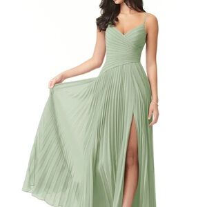 Azazie Sage Green Pleated Maxi Dress with Slit